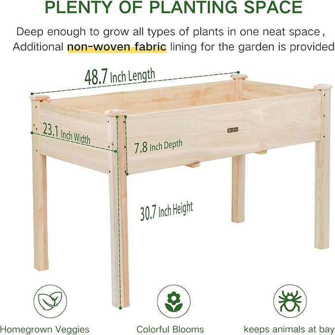 Elevated Raised Garden Bed 48.7”L x 23.1”W x 30.7”H Wooden Planter Box with Legs 210LBS Capacity Non-Woven Liner &amp 6 Drainage Holes for Backyard Patio Balcony Vegetables Flowers Herbs