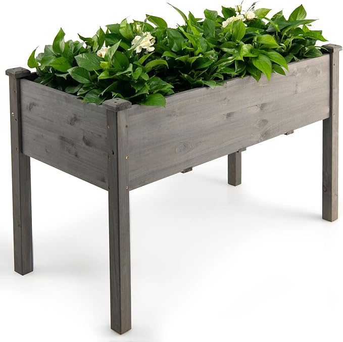RELAX4LIFE Raised Garden Bed 48x22x30 Inch Planter Boxes Outdoor Wooden Elevated Garden Box w/Legs 4 Drainage Holes for Growing Vegetable Elevated Garden Bed for Backyard Patio Balcony Grey