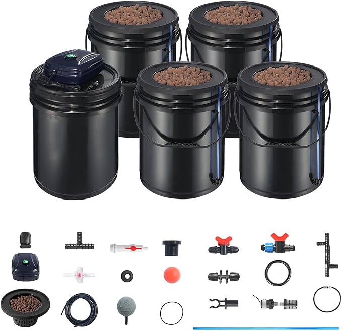 Happybuy RDWC Hydroponics Grow System Recirculating Deep Water Culture Kit 4 Buckets &amp 1 Reservoir with Top Drip Air Pump Water Level Device for Leafy Vegetables