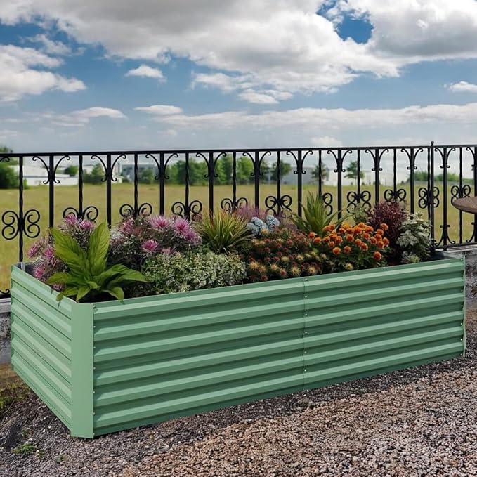 CABIHOME 1-Pc Outdoor Metal Raised Garden Bed 350 Gallon Deep Root Planter Box for Vegetables Herbs Flowers Succulents Green 8×4×2Ft