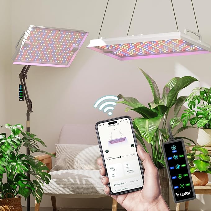 LETPOT 100 Watt (Max 120W Output) Grow Lights for Indoor Plants Full Spectrum Smart APP 8-Level Adjustable Light Hanging &amp Standing 270° Foldable 360° Rotation 2x33x418000 Lumens High ppf
