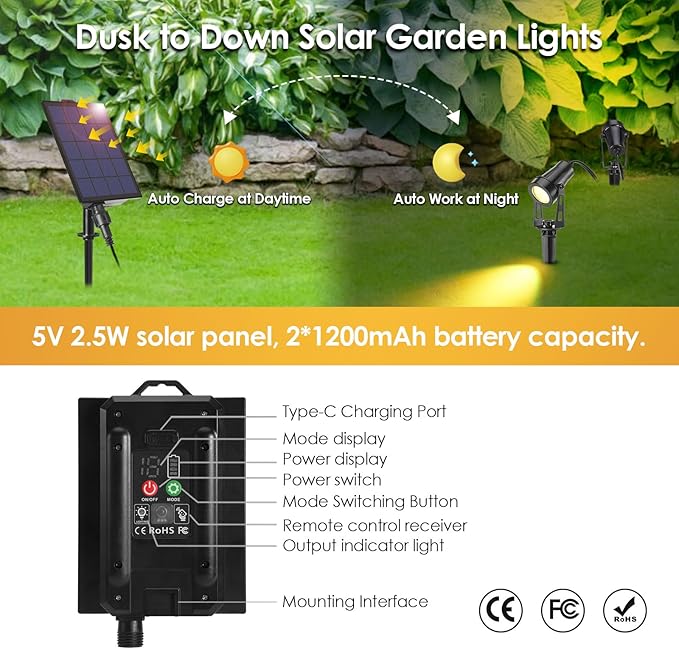 B-right Solar Spot Lights Outdoor 8 Modes IP65 Waterproof Solar Powered Garden Spotlights 4-in-1 Landscape Lighting Auto On/Off with Remote + 2 * 6.56ft Extension Cable IP65 Waterproof Extension Cord