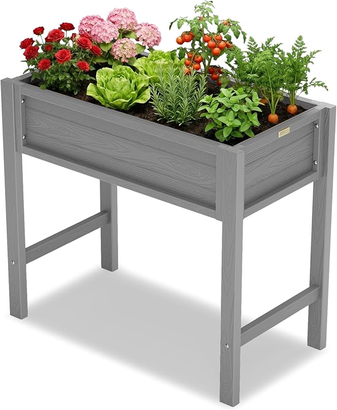 YEFU Raised Garden Bed with Legs: 34x18x30in Grey HIPS Elevated Outdoor Planter Box for Vegetables Herbs Flowers - Patio/Balcony/Backyard Gardening - Effortless Design for Easy Growing