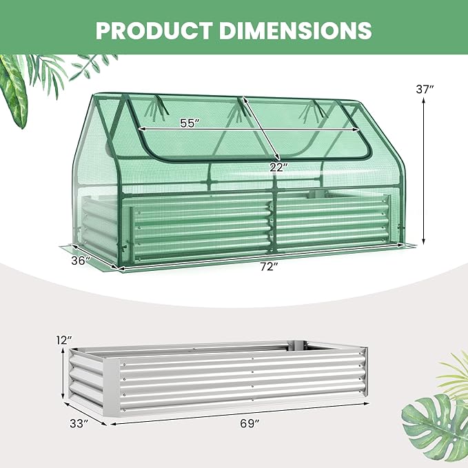 HAPPYGRILL Raised Garden Bed with Cover Outdoor Planter Raised Bed w/2 Large Zipper Mesh Screen Windows Galvanized Metal Planter Box for Gardening Flowers Vegetables (Green &amp Silver)