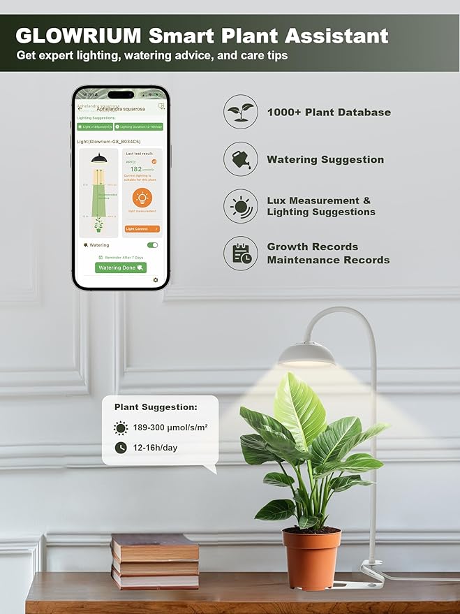 GLOWRIUM Smart Grow Lights for Indoor Plants10W Full Spectrum Plant Lights with Bluetooth App Control 360° Flexible Gooseneck Grow Lamp Auto Timer 3/9/12Hrs 10 Brightness for Small Plants (White)