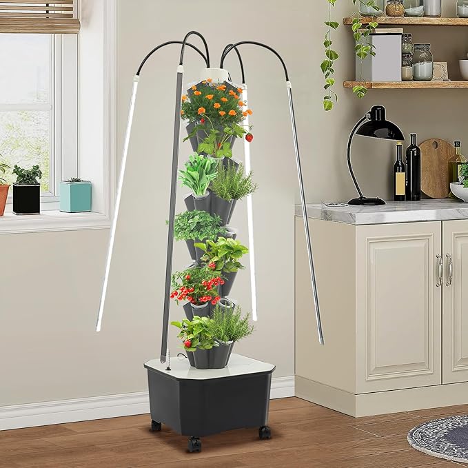 DKSLALALI Hydroponics Growing System Tower with LED Grow Lights 8 Tiers 40-Plant Indoor Hydro Garden Vertical Planter System Kit Hydroponic Germination Tower for Fruits Vegetables &amp Herbs