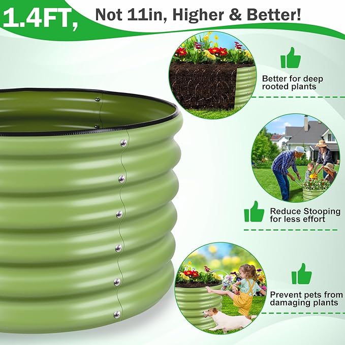 3x3x1.4ft Galvanized Raised Garden Bed Deep Metal Garden Bed Matcha Green Raised Garden Beds Outdoor Raised Bed for Planting Vegetables Flowers Fruits