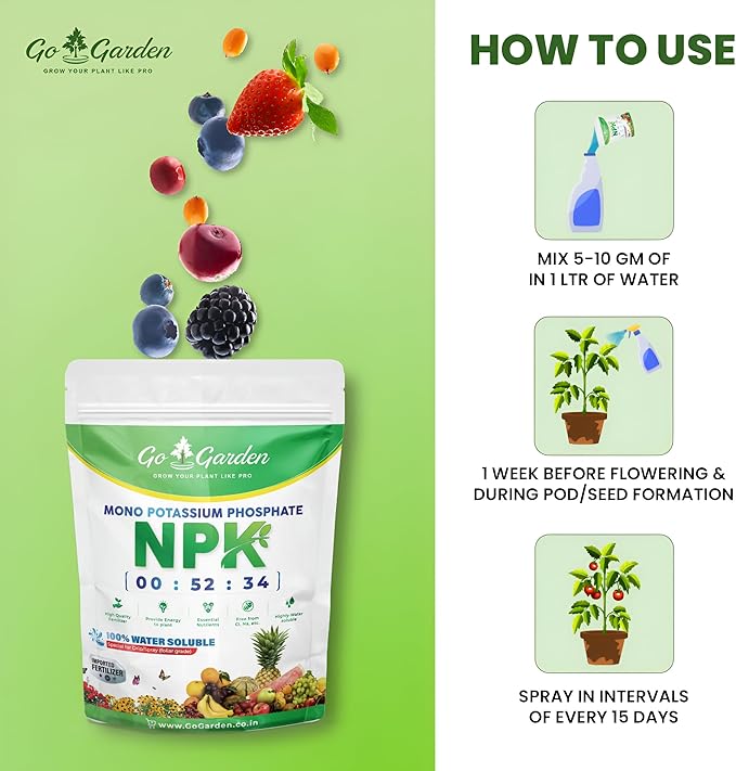 Go Garden MKP (Mono Potassium Phosphate) NPK 00 52 34 Fertilizers for Plants Garden &amp All Crops 900 G | Water Soluble Foliar Spray Nutrition