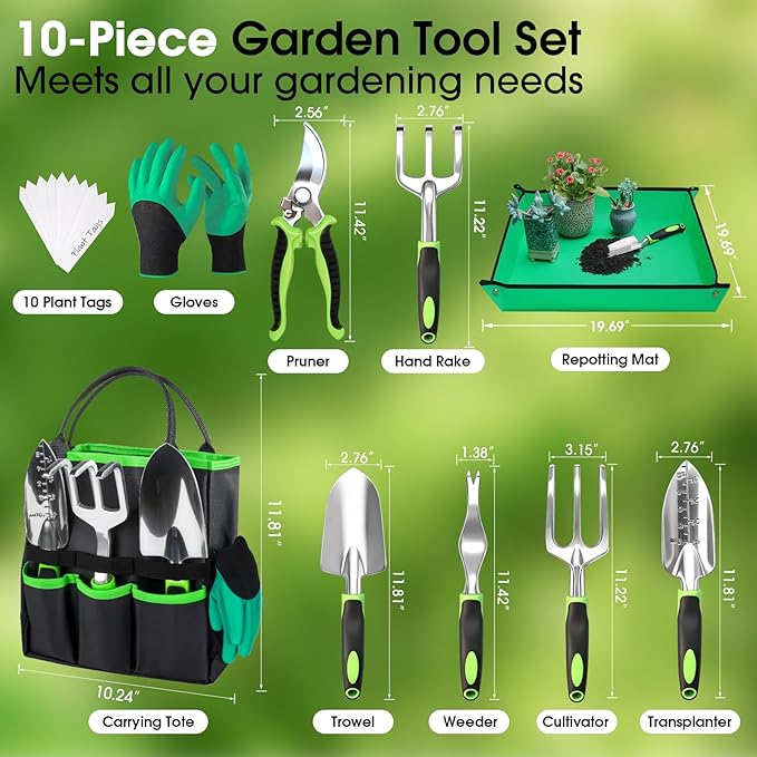 WOWBOX Garden Tools Set - 10 PCS Heavy Duty Gardening Hand Tools Kit with Storage Tote Rust-Resistant Gardening Supplies for Planting with Non-Slip Ergonomic Handle for Women and Men (Green)