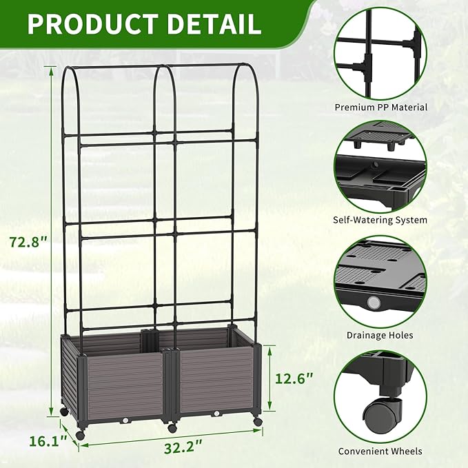Raised Garden Bed Outdoor Planter Box with Trellis and Wheels Tomato Planter Cage with Trellis Indoor Outdoor Patio Self Watering Planters for Climbing Plants Vegetable Flowers