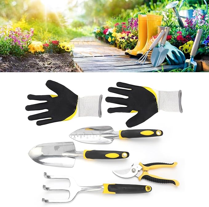 Gardening Tool Kit Garden Tool Set Transplanting Spade Pruner Heavy Duty Cast Aluminum Head Ergonomic Wood Handle for Planting Transplanting Small Plants Flowers 5Pcs Set