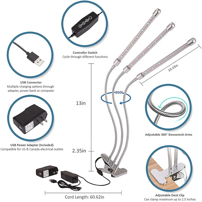 Silver Three-Head Clip-Type Plant Light Full-Spectrum Plant Growth Light can be timed dimming and Long Fill Light