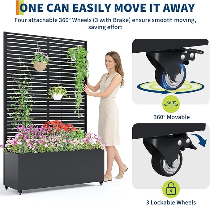 Mobile Metal Raised Garden Bed Planter Box with Trellis – Deep 15.7 for Climbing Plants &amp Vegetables – Privacy Screen Drainage Holes Outdoor Flower Box – 118x40x180cm Striped with Wheels