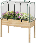 Happygrill Raised Garden Bed with Greenhouse Cover Raised Bed with Legs &amp Drainage Holes for Herbs Vegetables Outdoor Wood Elevated Planter Box for Patio Backyard Balcony (White+Natural)