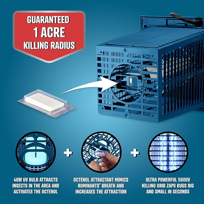 Flowtron Bug Zapper 1 Acre of Outdoor Coverage with Powerful 40W Bulb &amp 5600V Instant Killing Grid Electric Insect Fly &amp Mosquito Zapper Made in The USA - Blue Color