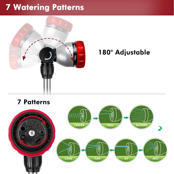RESTMO Metal Watering Wand Heavy Duty Garden Hose Wand with 180° Swivel Ratcheting Head 16'' Hose Nozzle Sprayer with 7 Spray Patterns and Flow Control for Water Hanging Baskets and Shrubs Red