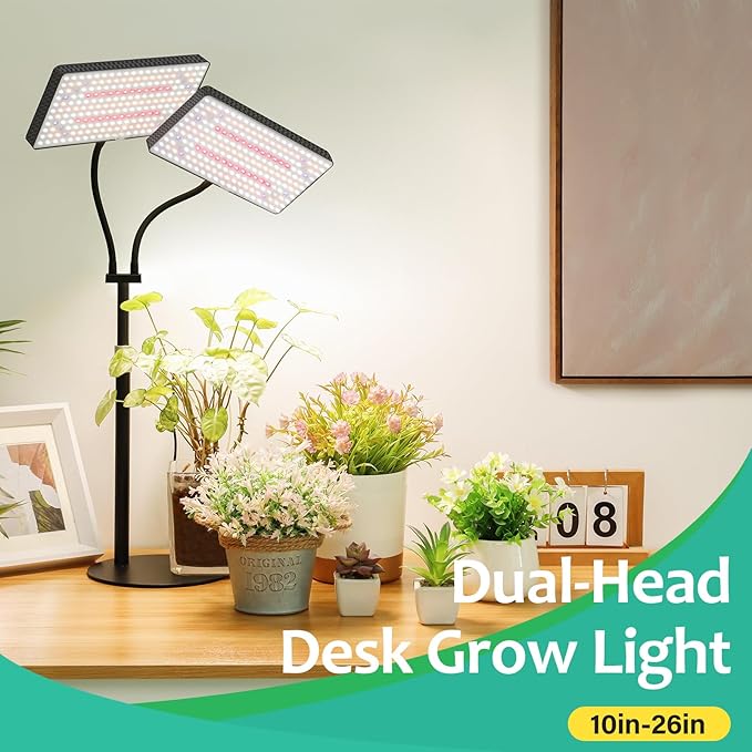 LBW Upgraded Desk Grow Lights for Indoor Plants Dual-Head 428 LED Tabletop Full Spectrum Grow Light with 3/6/12H Timer 6 Brightness Levels 3 Lighting Modes Height Adjustable for 10-26 inches