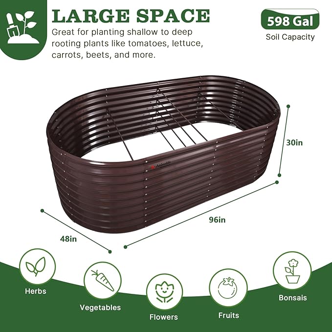 A ANLEOLIFE 30 Extra Tall Galvanized Raised Garden Beds Outdoor 8x4x2.5ft Oval Metal Planter Boxes for Planting Vegetables Flowers Fruits Eco-Safe &amp Easy Setup CaféBronze