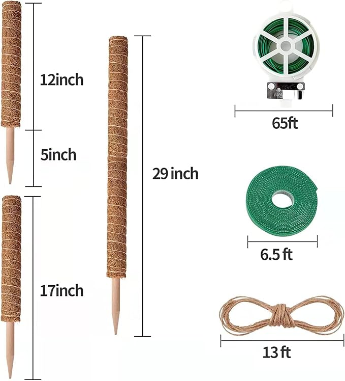8 Pcs Moss Pole for Plants Monstera Plant Support Stakes for Indoor Climbing Plants Grow Upwards with 65ft Twist Ties 13ft Jute Rope 6.5ft Hook-and-Loop Strip