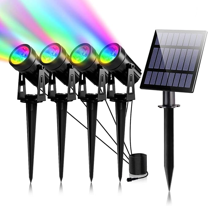T-SUNUS 3W Solar Spotlights IP65 Waterproof Outdoor Solar Lights Landscape Lighting Wall Light Auto On/Off with 4 RGB Spot Lamp for TreePatio Yard Garden