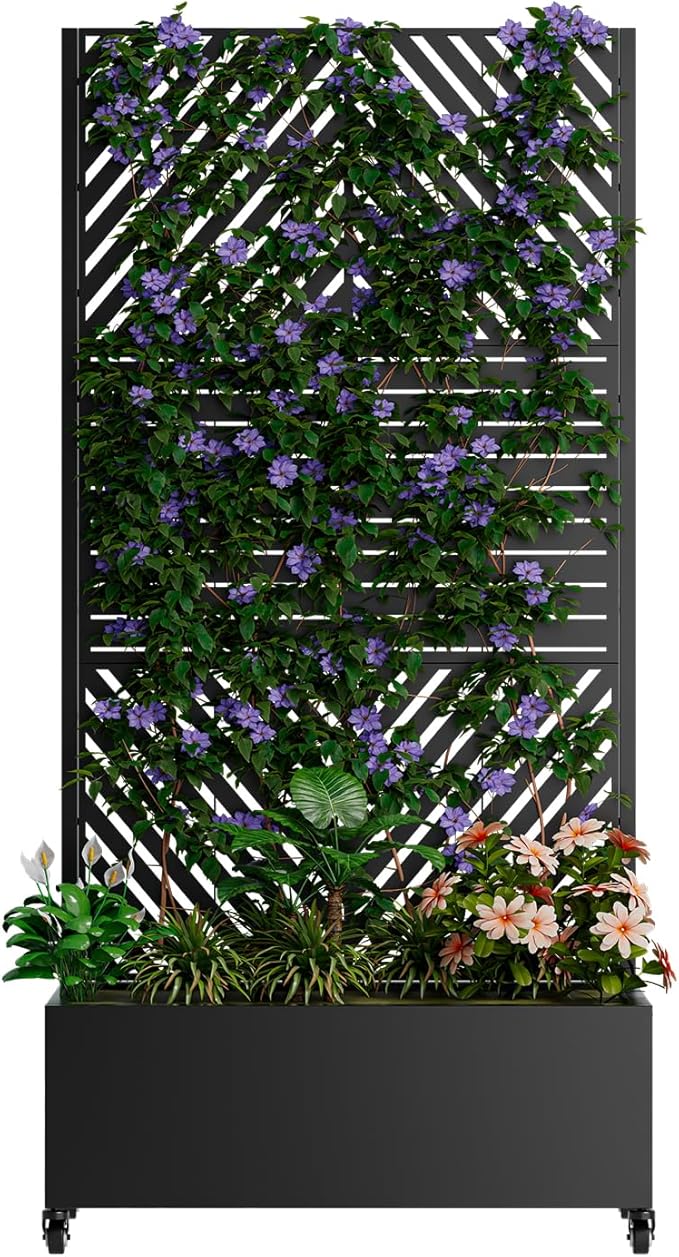 Metal Planter Box with Trellis Outdoor Raised Garden Bed with 4 Wheels Trellis Features Drainage Holes 72X47X16 Privacy Screen with Planter Box for Climbing Plants Vegetables (A-Black)
