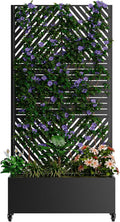 Metal Planter Box with Trellis Outdoor Raised Garden Bed with 4 Wheels Trellis Features Drainage Holes 72X47X16 Privacy Screen with Planter Box for Climbing Plants Vegetables (A-Black)