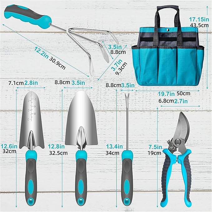 Garden Tool Set 7 Pieces Heavy Duty Stainless Steel Hand Tools with Storage Bag Gloves Large Shovel transplanting Spade Rooter Pruning Knife