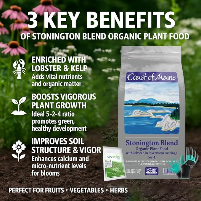 Coast of Maine SP6000 Stonington Plant Food 4 LB – Organic Soil Builder for Vegetables &amp Flowers with My Garden Pool Soil Test Strips &amp Claw Gardening Gloves