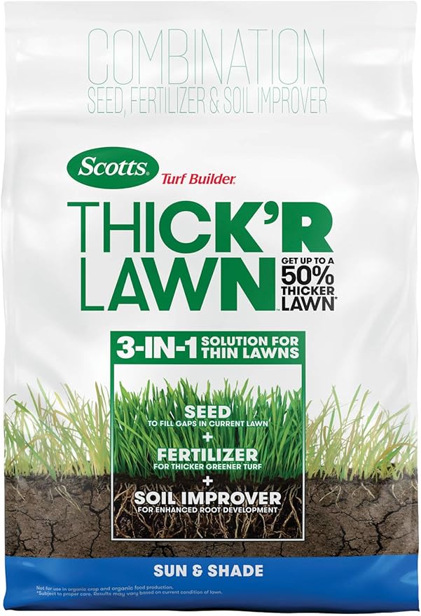 Scotts Turf Builder Thick'R Lawn Sun and Shade Combination Seed Fertilizer and Soil Improver Thickens Thin Grass 12 lbs.