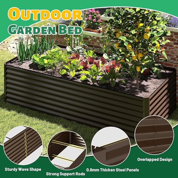 Heavy-Duty Galvanized Steel Raised Garden Bed for Outdoor Vegetable Fruit and Flower Planting – Rust-Resistant Metal Planter Box (Brown - 6x3x2 ft)