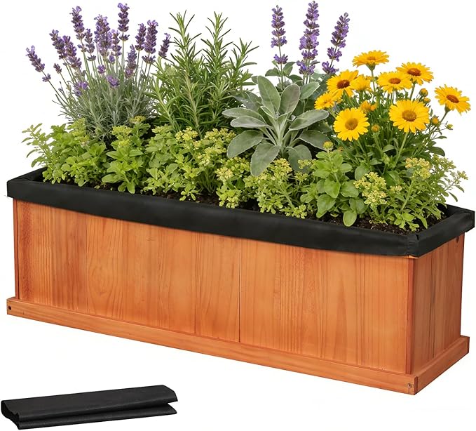 IRONMAX Wood Raised Garden Bed Outdoor Planter Box with Detachable Bottom Drainage Holes Protective Liner Rectangular Planting Bed for Yard Patio Balcony (Orange 40x13x12)