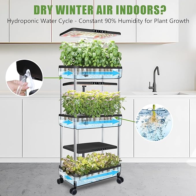 66-Pod Indoor Hydroponic Growing System + 3 Free Seeds Starter Kit (Lettuce Salad Mixed Basil Seeds) – Dual 53W Full-Spectrum LED 10-L Water Tank 3-Tier Grow Pods (66 Pods)