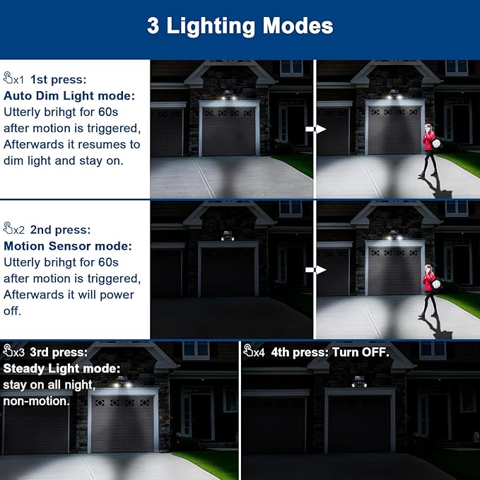 EMANER Outside Motion Solar Lights 5000mAh Auto Detect On/Off or Always On Security Light Solar Spotlights Wall Mount Dusk to Dawn Solar Powered Floodlights with Stake for Lawn Landscape 2Pack