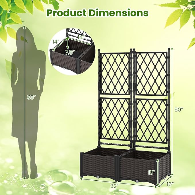 Giantex Raised Garden Bed with Lattice Trellis Self-Watering Planter Box with Drain Hole for Vine Vegetable Herb Flower Fruit Indoor Outdoor Standing Privacy Fence for Yard Porch Balcony