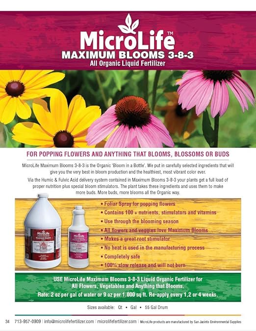 MicroLife Maximum Blooms (3-8-3) Professional Grade Organic Liquid Fertilizer Concentrate for All Flowers and Anything That Blooms 1 Quart
