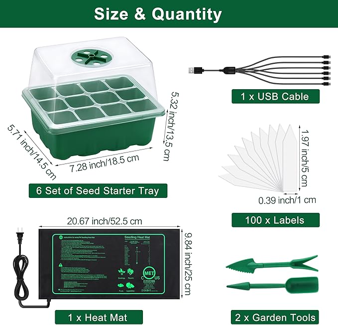 6 Pack Seed Starter Tray Kit with Grow Light and Seedling Heat Mat 72 Cells Seed Starter Tray with Humidity Dome and Base Plastic Plant Growing Germination Trays for Seed Propagation Green