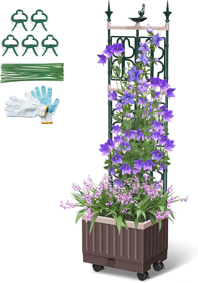Raised Garden Bed Planter Boxes with Trellis61.4 Self-Watering Trellis with Planter Box for Climbing Plants Flowers Vegetables with WheelsUse for Indoor Outdoor