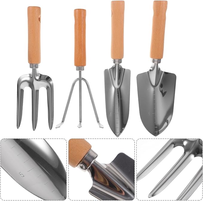 VALICLUD 4pcs Gardening Hand Tool Set with Wood Handle – Small Garden Trowel Wide Shovel 3-Tooth Rake and Cultivator for Vegetable Planting and Outdoor Garden Care