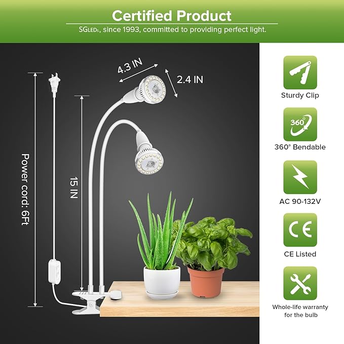 Grow Lights for Indoor Plants LED 20 W Full Spectrum Bulb Replaceable Plant Light 300 W Equivalent Clip on Grow Light with Optical Lens for Indoor Growing Lifetime Free Bulb Replacement