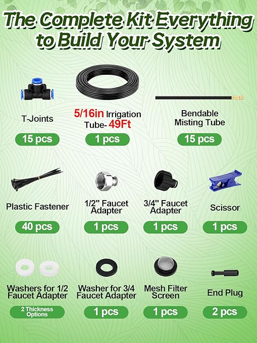 49ft Drip Irrigation System Kit - Includes 15pcs 360° Adjustable Sprayers 5/16 PE Tubing 1/2 &amp 3/4 Faucet Adapters Automatic Garden Watering Sprinkler System for Raised Bed Plants Lawn