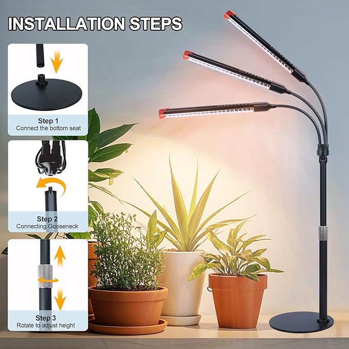 3Head Tabletop Grow Lights for Indoor Plants Seed Starting Vegetables Bonsai Bright Desk Plant Growing Lamps 4/8/12/16/20H Timer 27 Watt Power Draw NO Need Adapter 360° Gooseneck
