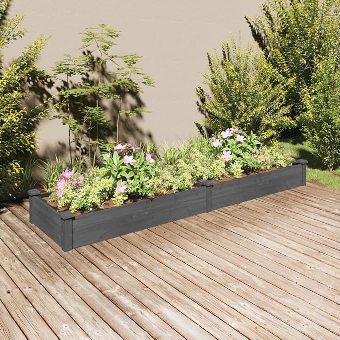 Large Garden Raised Bed Grey Solid Fir Wood Outdoor Planter 94.5x23.6 Inch Rectangular Planter Box for Vegetables Herbs Flowers