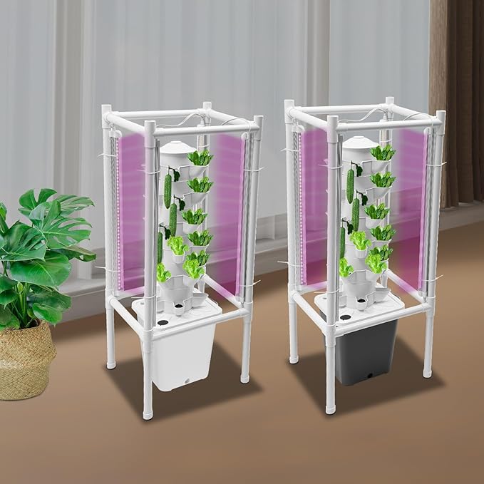 Hydroponic Growing System Kit 30-Plant Vertical Planter Germination Smart Herb Garden with LED Light Indoor/Outdoor for Strawberries Tomatoes Lettuce Herbs White
