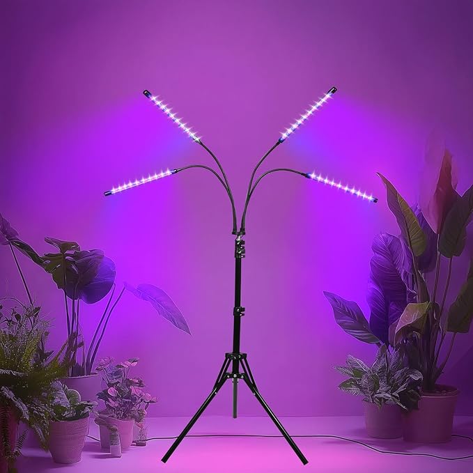 4-Head Floor Grow Lights for Indoor Plants - 15-63 Tripod Red/Blue Spectrum &amp Remote Control - Auto 4/8/12H Timer 10 Dimmable Levels for Tall Potted Trees (4-Head)
