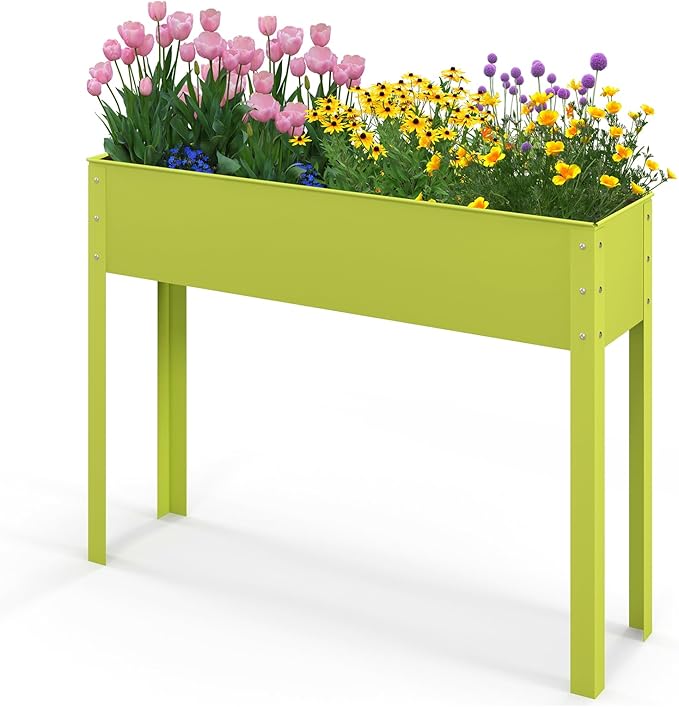 MAT EXPERT Raised Garden Bed 31.5’’ Elevated Metal Planter Box Stand w/Drainage Hole Outdoor Indoor Plant Container for Vegetable Flower Herb Fruit Standing Raised Bed for Backyard (Green)
