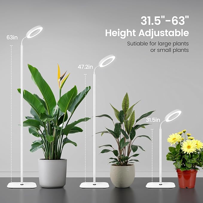 Grow Lights for Indoor PlantsFloor Lamp with 63IN StandFull Spectrum10 DimmingHalo Ring Warm Light 3/9/12H TimerHeight AdjustableMetal Stable Base Growing Light for Tall Small Plant