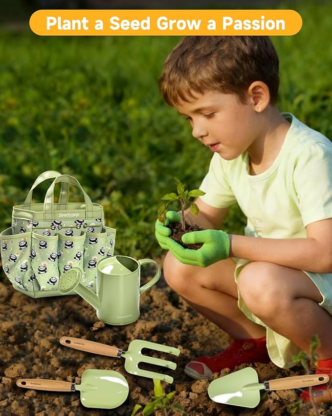 Handmade Kids Gardening Tools Set - 8Pc Artisan Garden Kit with Real Wood Handles Metal Heads Frog Hat Panda Apron &amp Tote - Nature Learning Gift for Toddlers &amp Kids (Sage Green)