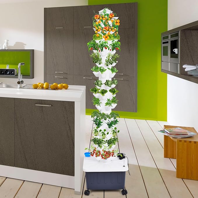 14-Layer 70 Slots Hydroponic Grow Tower Kit Vertical Indoor Outdoor Growing System with Movable Water Tank Hydrating Pump Timer and Adapter for Vegetables Strawberries Lettuce
