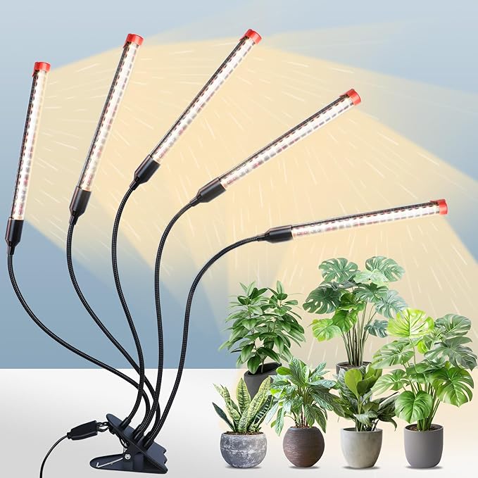 FECiDA Gamechanger 2026 45 Watt Power Draw NO Need Adapter 5Head Strong Clip Grow Lights for Indoor Plants with 4/8/12/16/20H Timer LED Plant Growing Lamps for Houseplants Bonsai Seed Starting