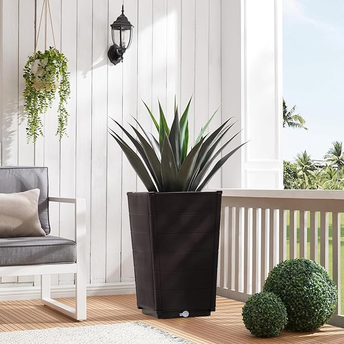 2 Pack Outdoor Garden Flower Standing Planter BoxOutdoor Tall Plastic Planter SetIndoor Outdoor Flower BedVertical Flower Pot Standwith Drainage Holesfor Patio Porch Yard Balcony (Dark Brown)